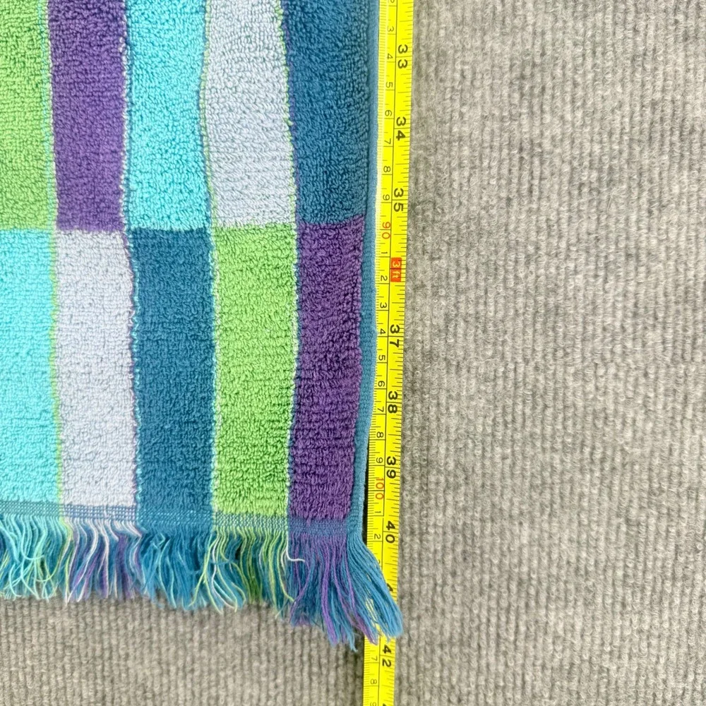 Vintage Sears Drylon 3 Piece Towel Set Blue Purple Green Geometric Fringe MCM